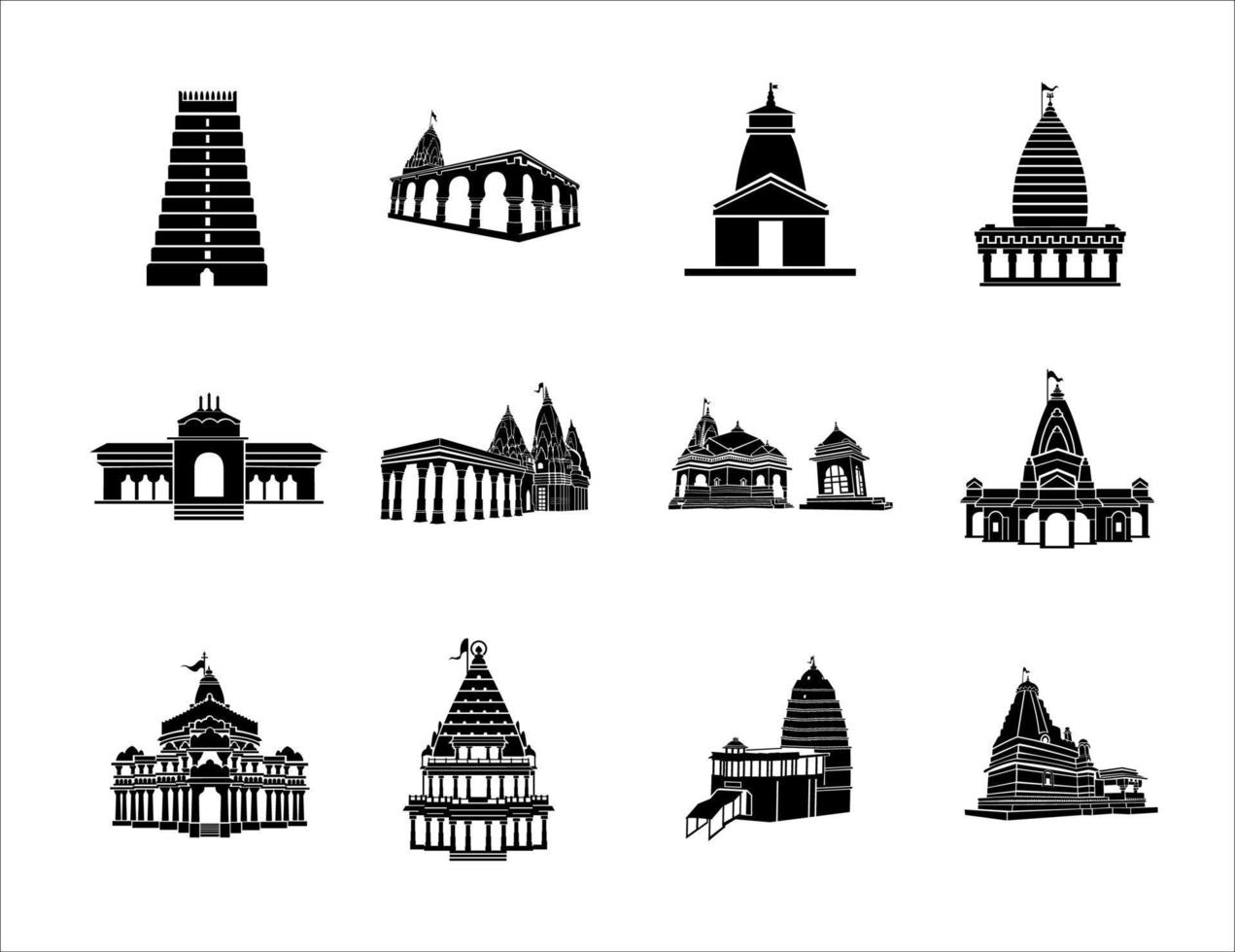 12 lord Shiv Jyotirlingas temple vector icons.