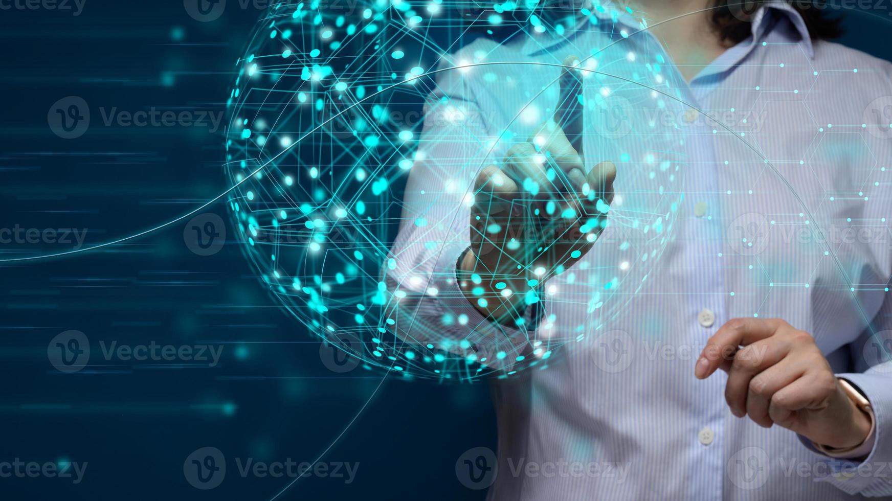 Female hand touches the global virtual network of the globe. Information exchange, photo