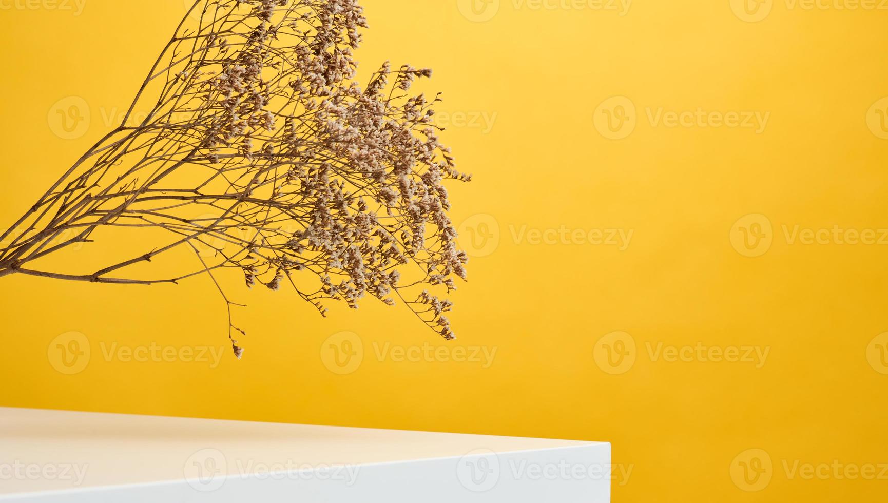 Wooden podium to showcase cosmetics and other items, yellow background with dry wildflowers and shadow photo