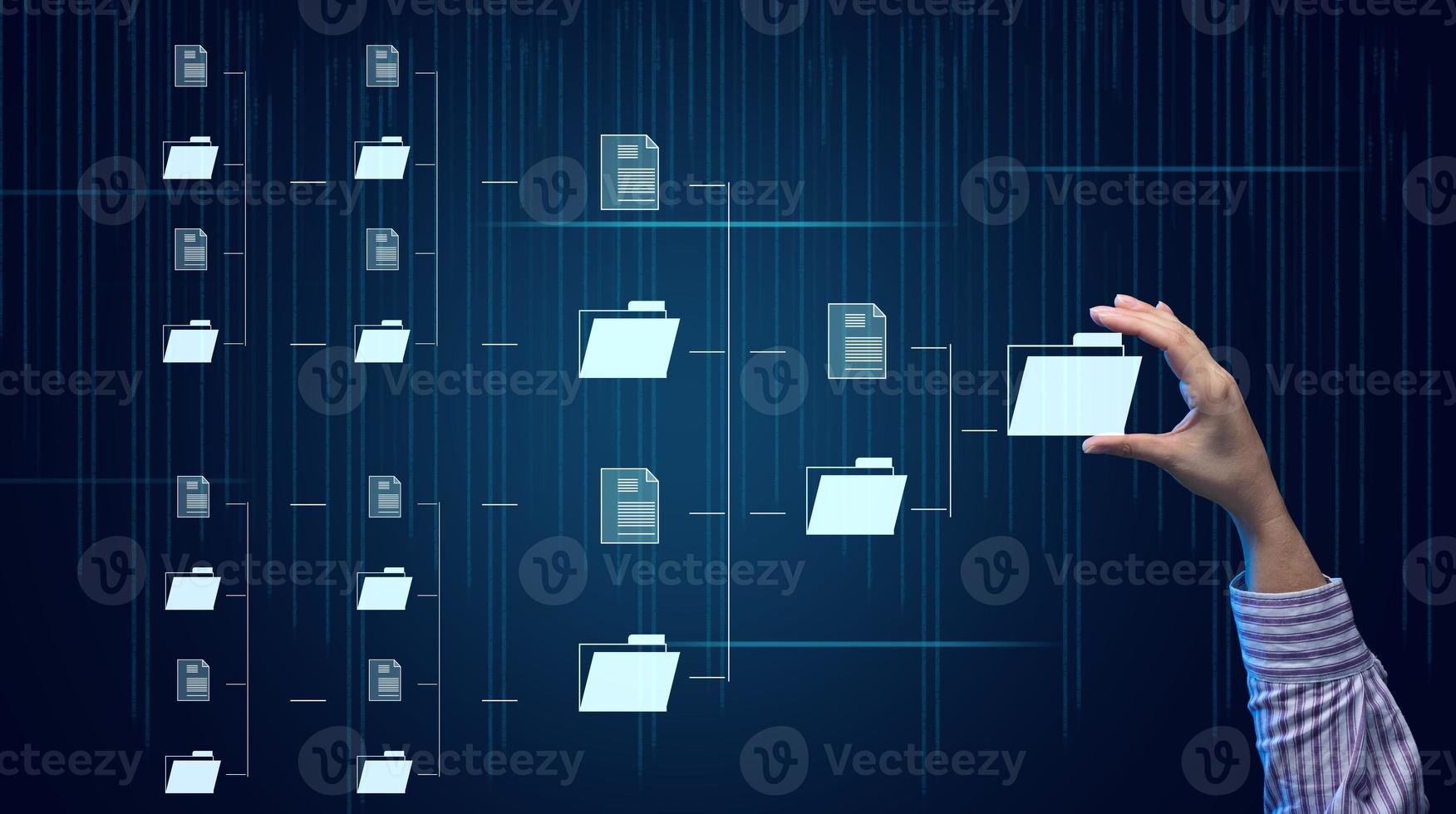 Scheme of automation of electronic document management and female hand. Transfer and archiving of documents photo