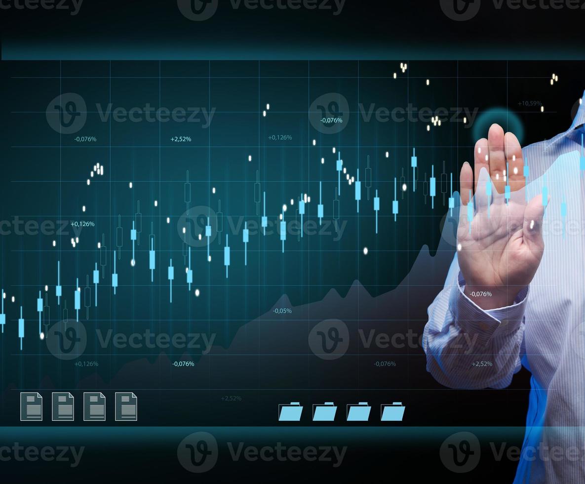 A woman is standing in front of a virtual holographic chart with growing numbers photo
