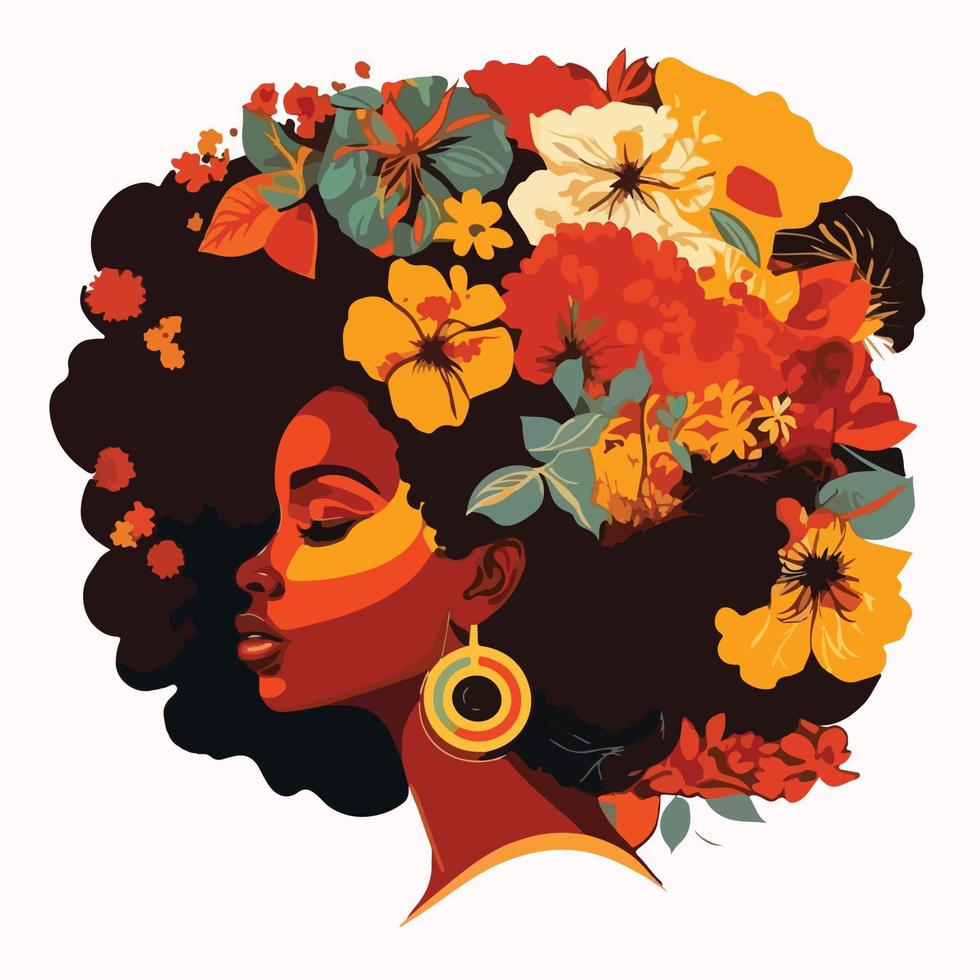 Illustrations of a Black Woman Afro with floral pattern on her big hair vector
