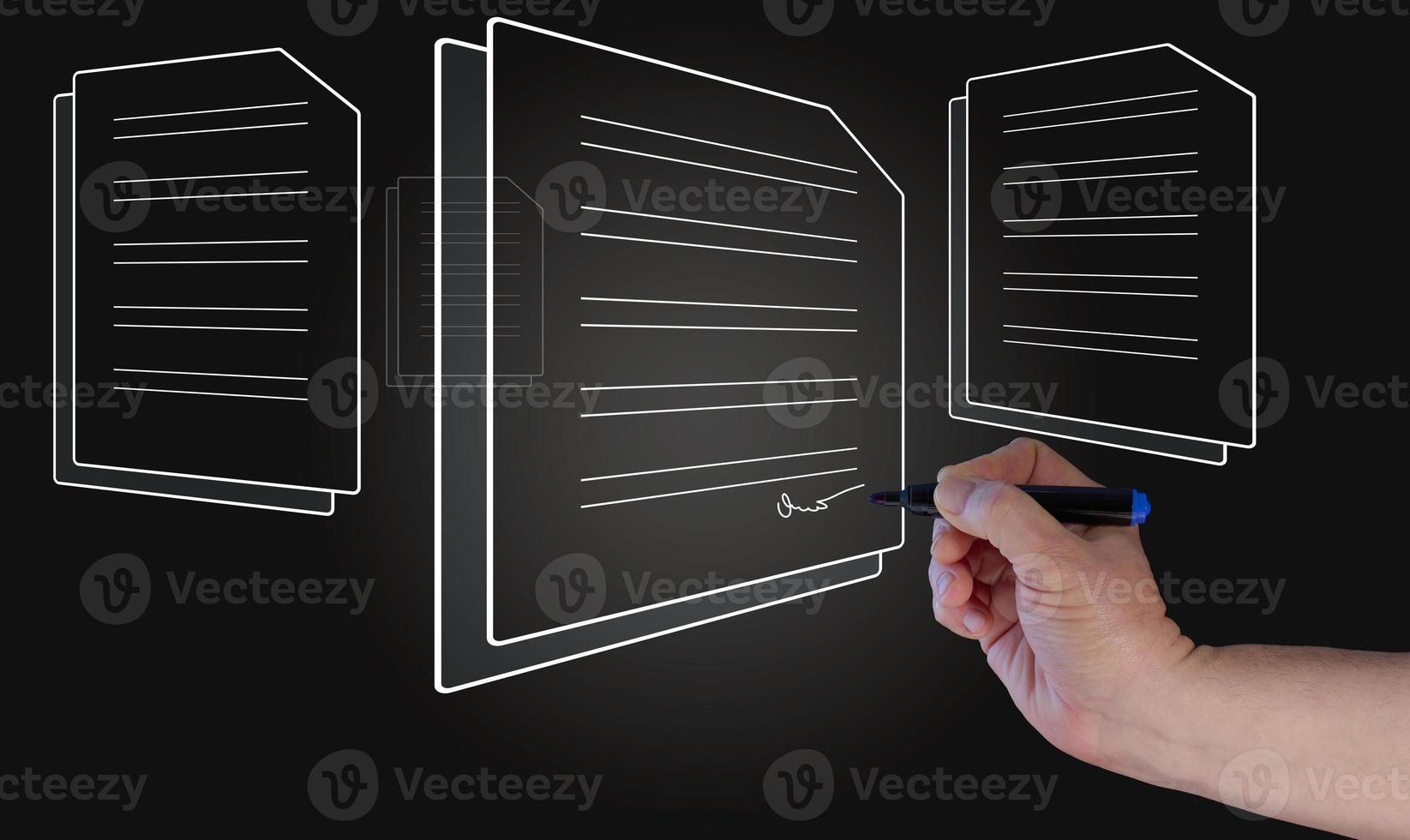 male hand holds a pen and documents on a virtual screen, remote signing, electronic signature photo