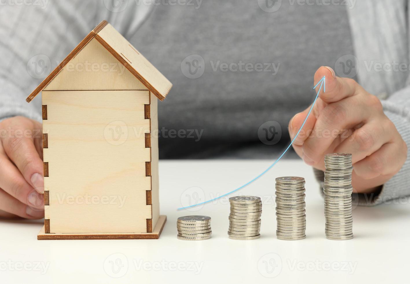 wooden model of a house, a stack of coins and an ascending graph. The man sits at the table. Higher property prices, higher rents and higher mortgage interest rates photo
