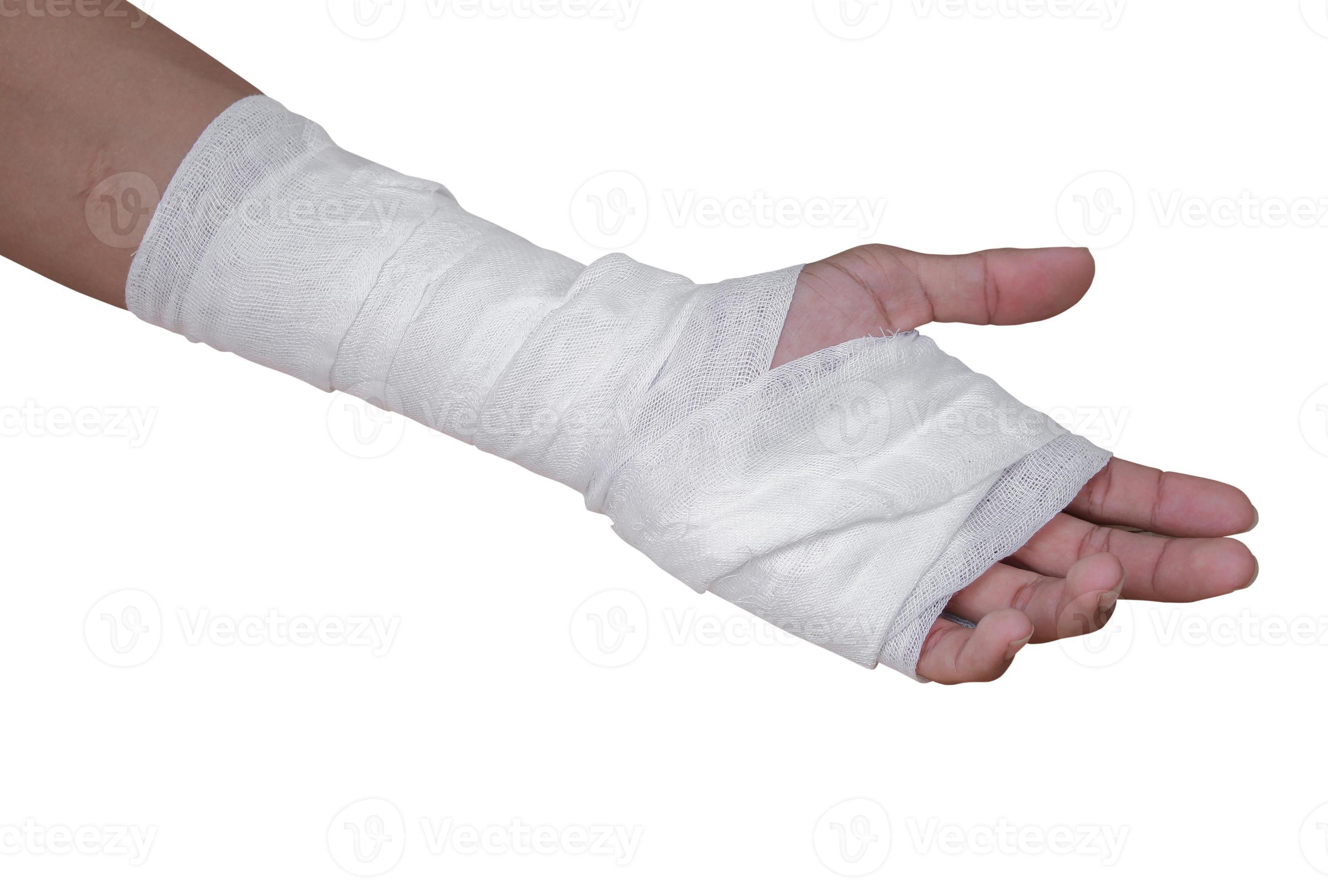 gauze bandage patient with hand wrap injury isolated on white background and clipping path