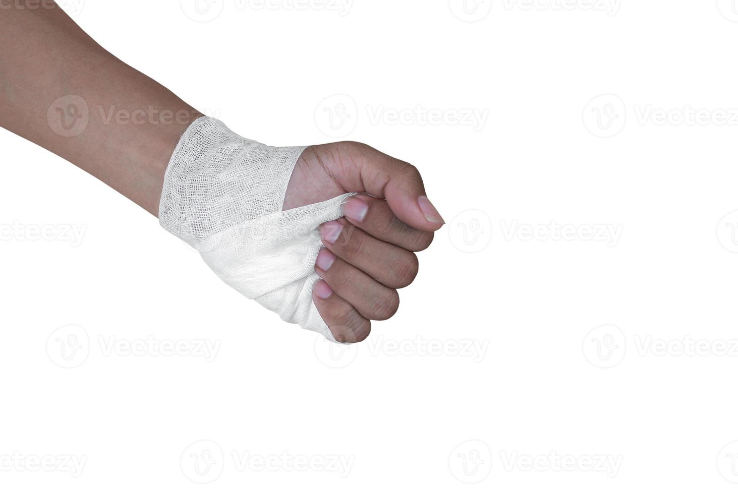 Gauze bandage  treating patient with hand with wrist left  isolated on white background, and clipping path photo