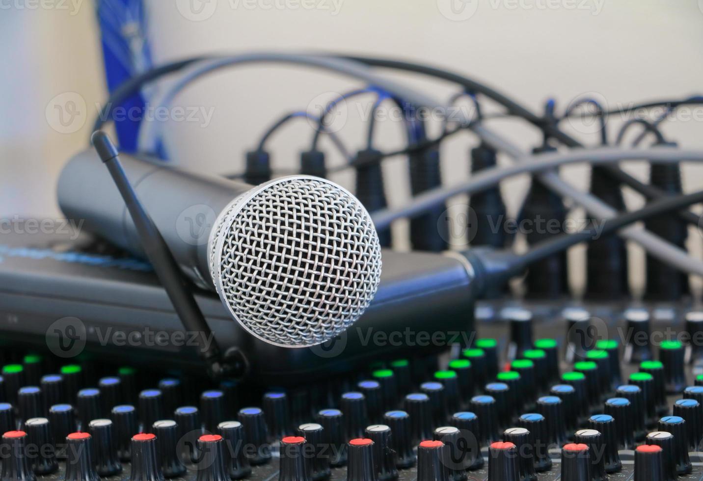 Close up of  microphone on sound mixer covered in dust photo