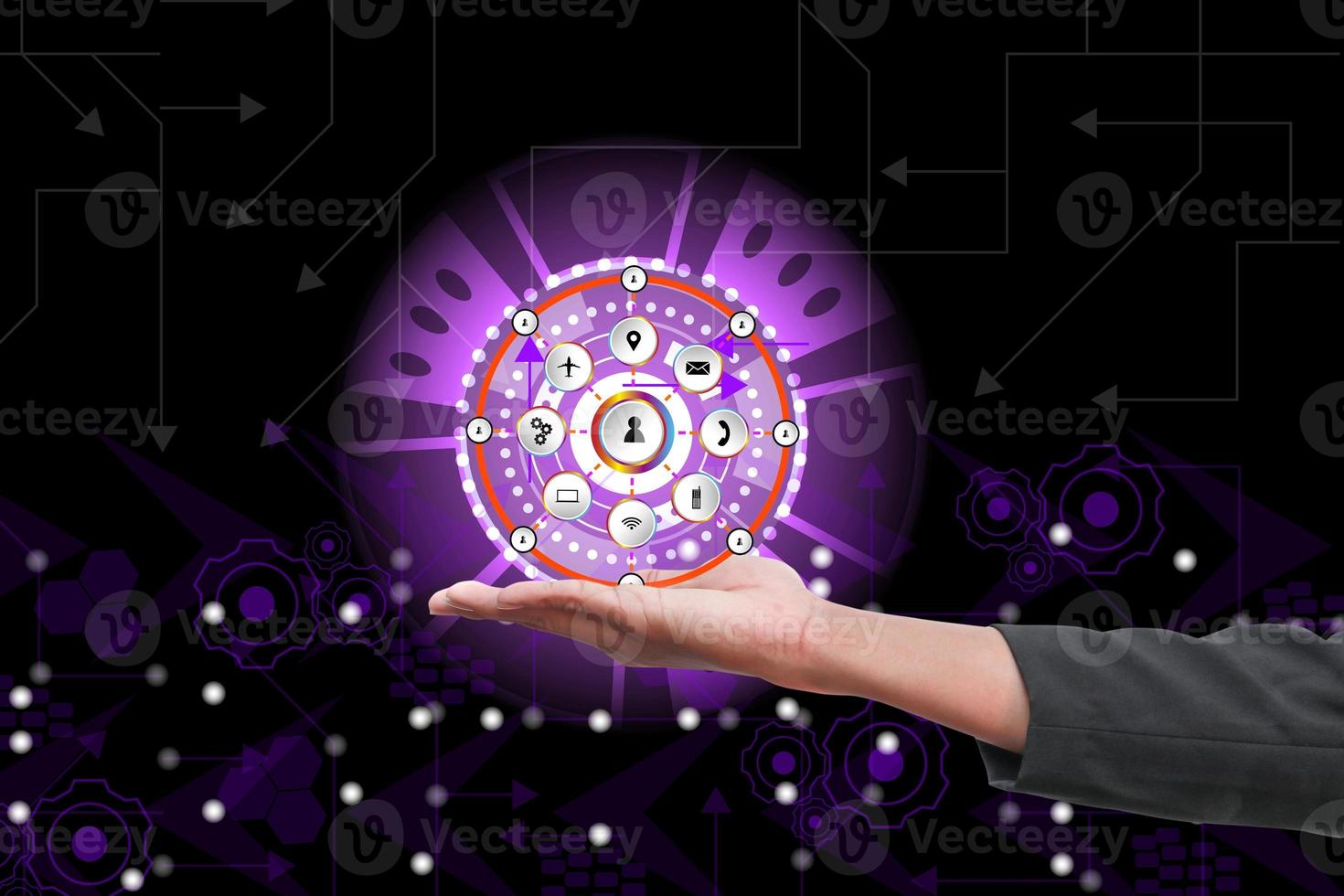 businessman marketing social network future transportation on hand. concept connect computer communicate technology with abstract circle background and copy space add text photo
