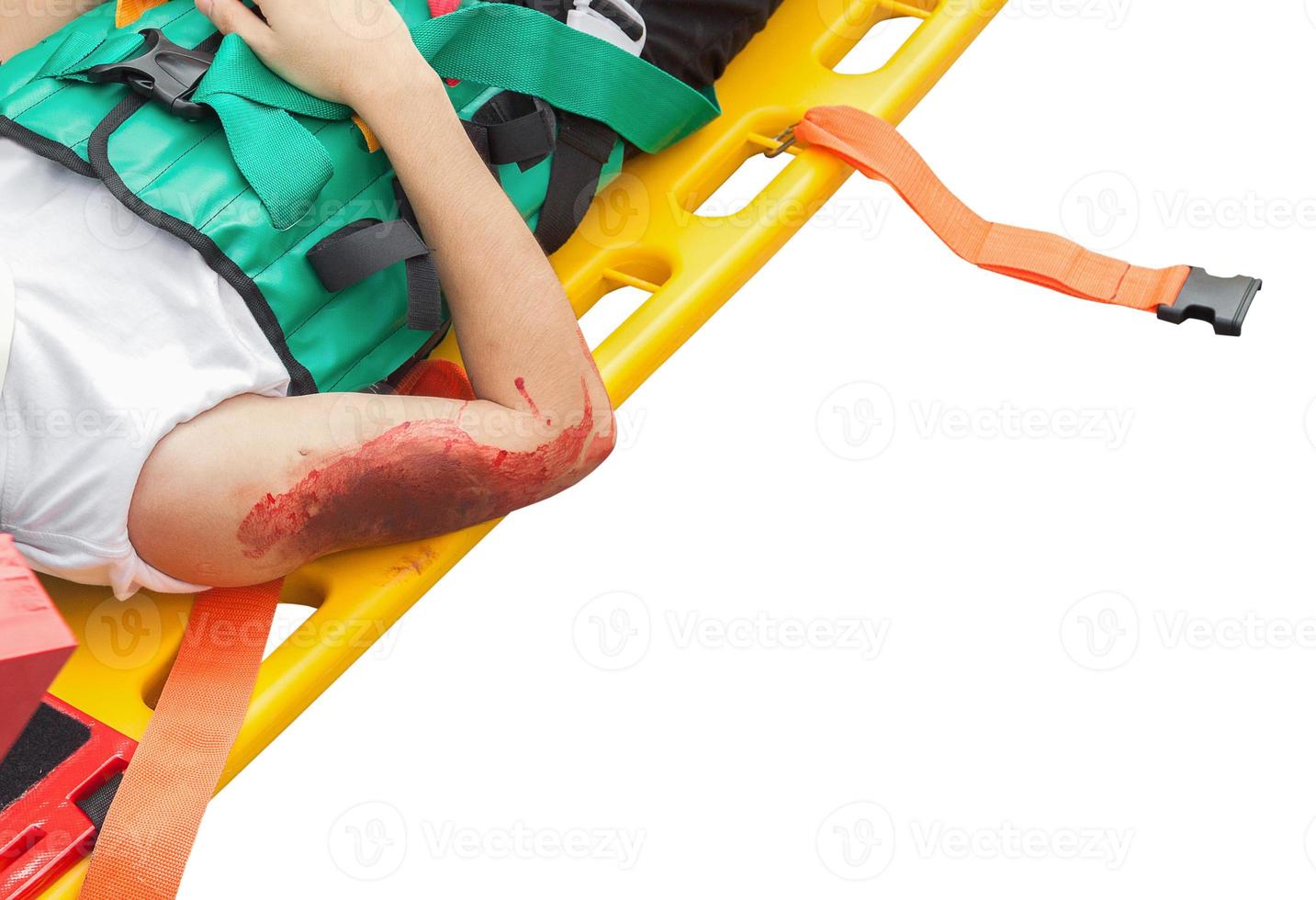 patient Injury upper arm in stretcher isolated on white background and clipping path photo