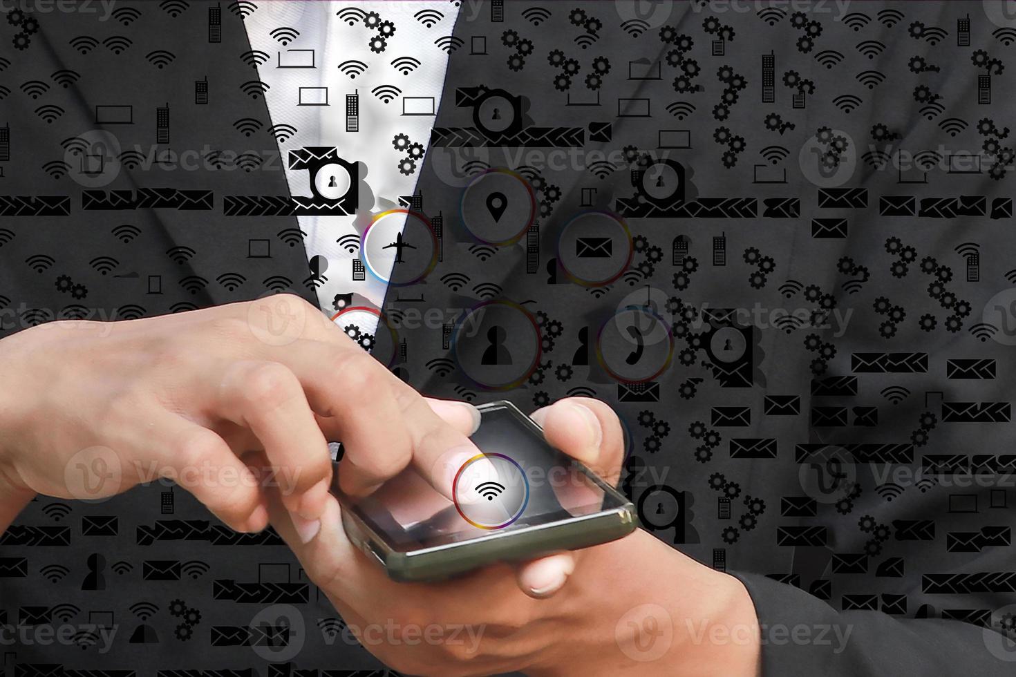 businessman finger hand touch pressing modern social buttons  icon background and copy space add text photo