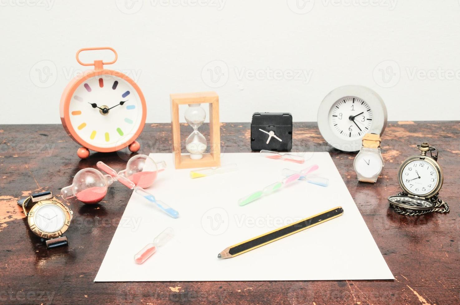 Objects and paper on the desk photo