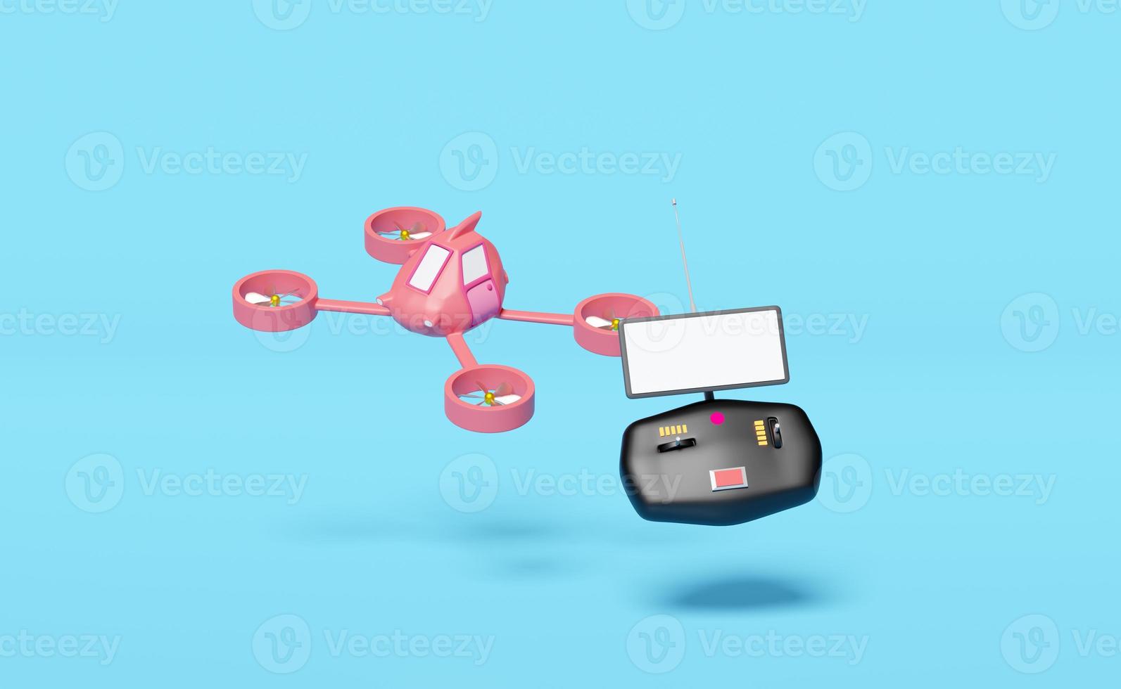 Four propeller drone with mobile phone, smartphone, control panel camera isolated on blue background. controlling toy remote concept, 3d illustration, 3d render photo