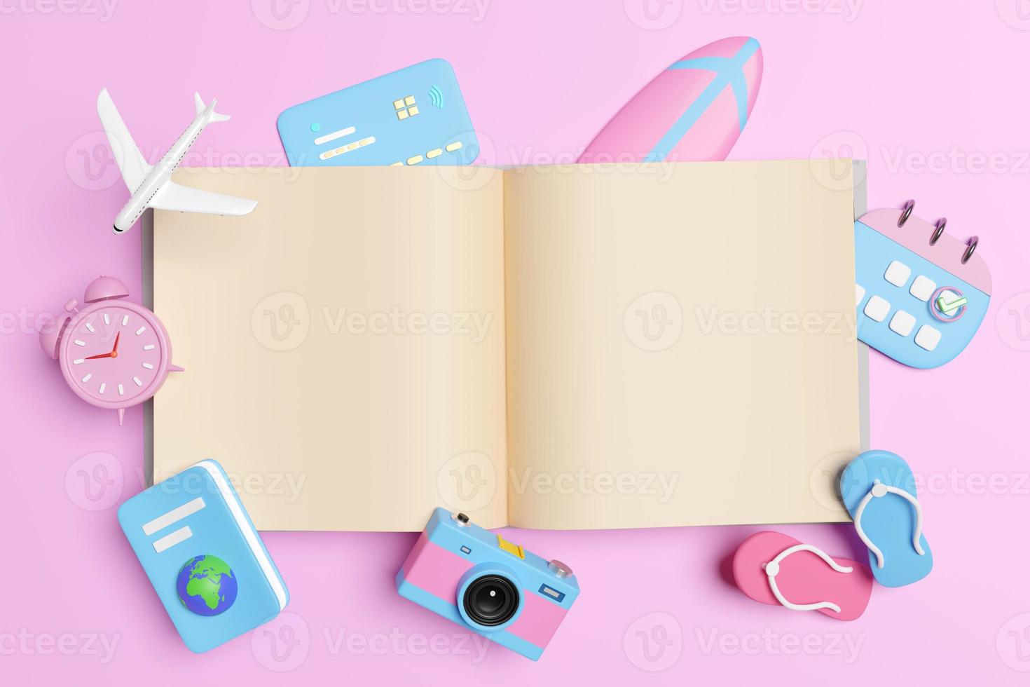 3d open book with calendar, airplane, marked date, passport isolated on pink background. schedule appointment, summer travel, itinerary, booking concept, 3d render illustration, clipping path photo