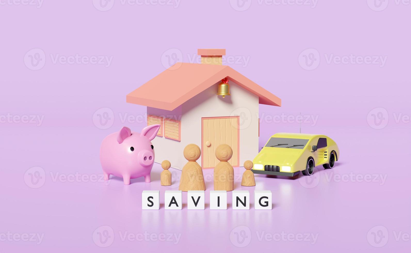 Wooden doll figures with house, family, piggy bank, sports car isolated on purple background. happy family, saving money, fund, interest concept, 3d illustration, 3d render photo