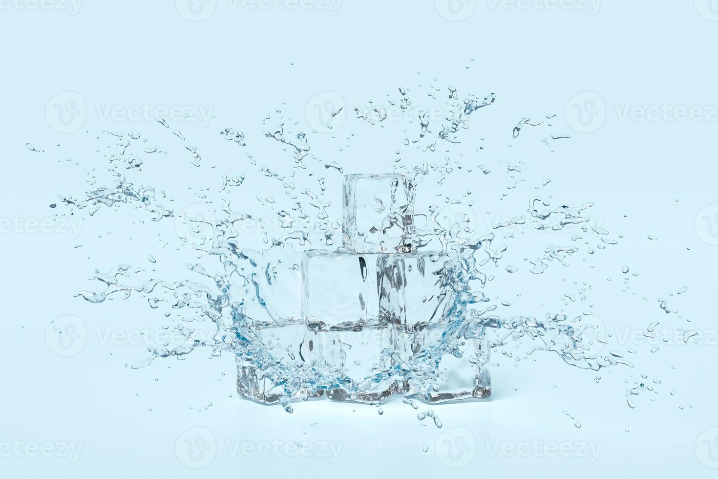 3d ice cubes with water splash transparent, clear blue water scattered around isolated on white background. 3d render illustration photo