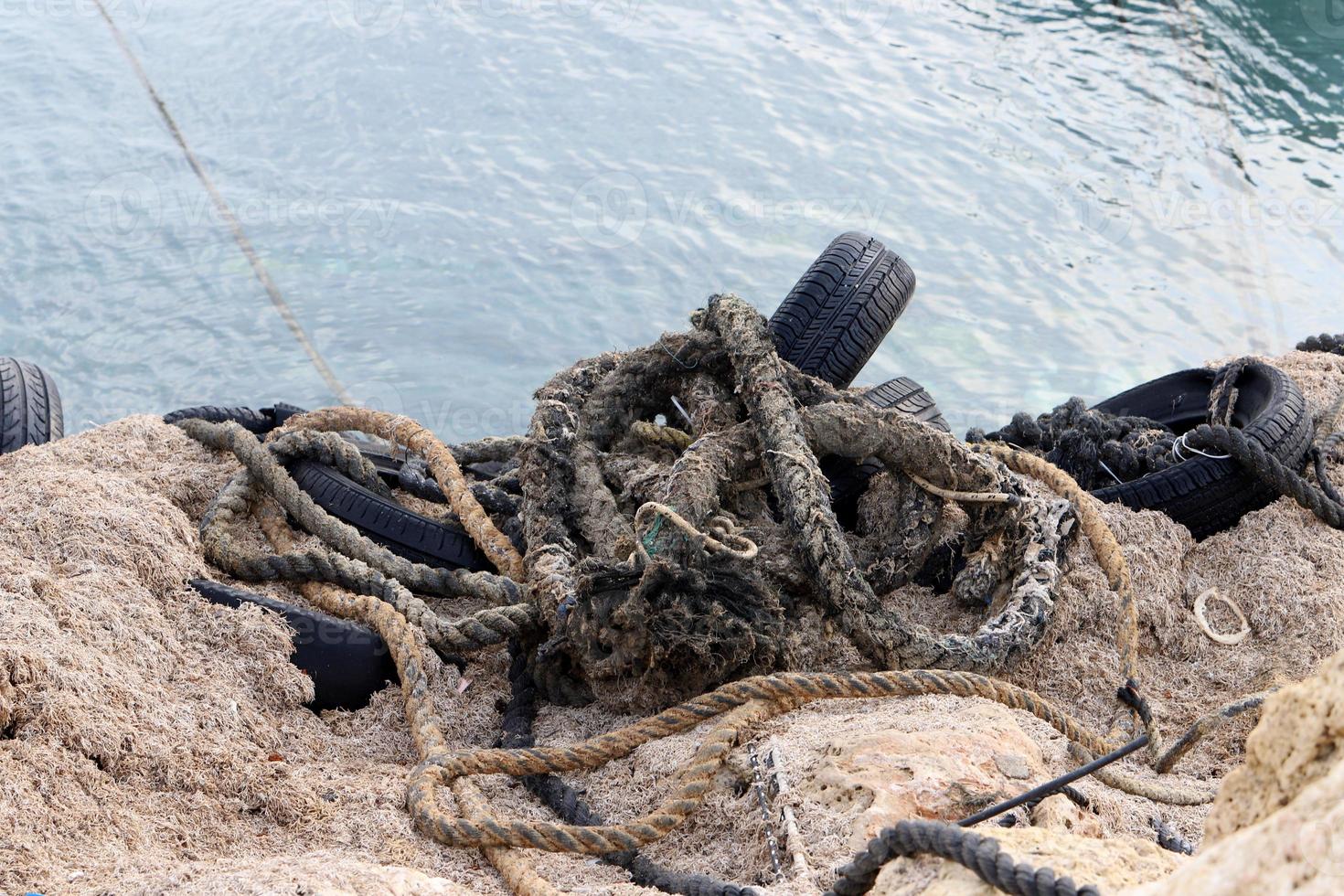 Hemp rope for mooring boats and yachts. photo