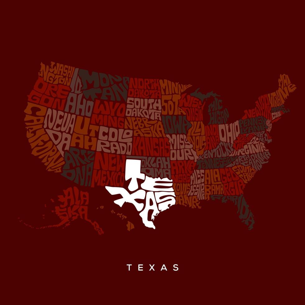 Texas mapa tipografía. nosotros mapa tipografía con todas estados nombre tipografía. vector