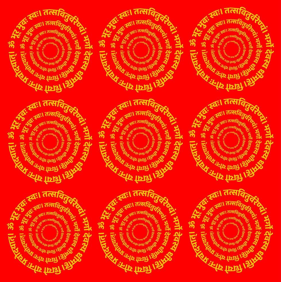 Lord Gayatri mantra round tyography in Devanagari letters. The mantra is a declaration of appreciation, to both the nurturing sun and the Divine. textile background. vector