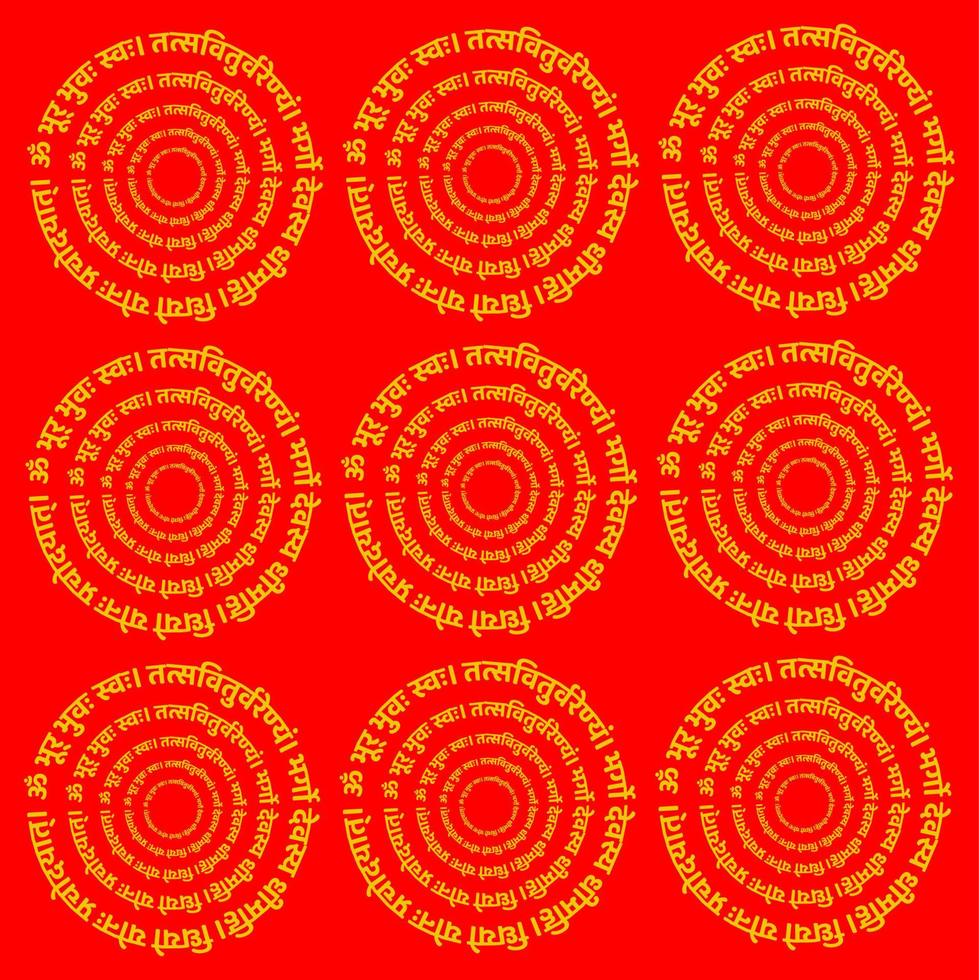 Lord Gayatri mantra round tyography in Devanagari letters. The mantra is a declaration of appreciation, to both the nurturing sun and the Divine. textile background. vector