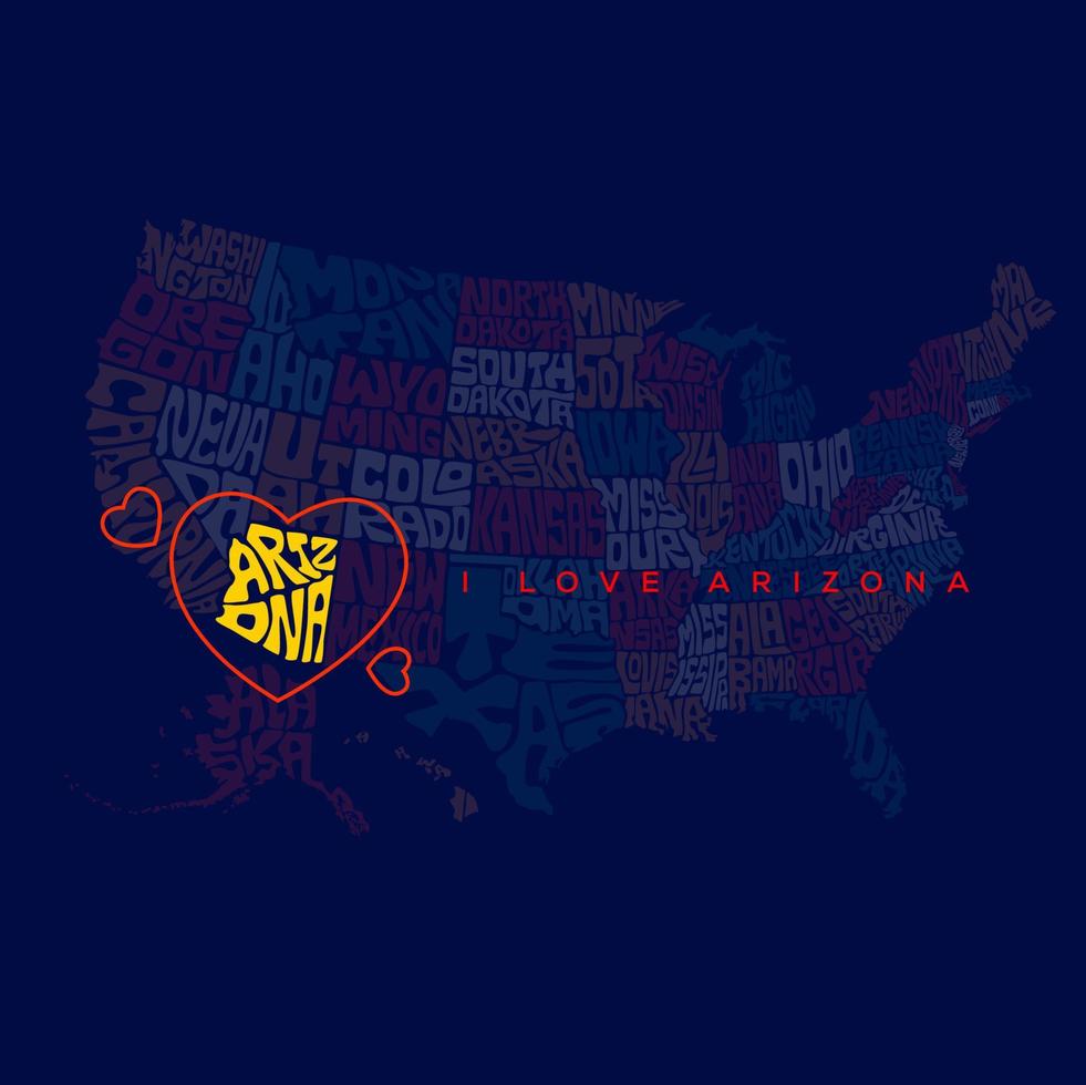 Arizona mapa tipografía con rojo corazón. nosotros mapa estado nombres tipografía. vector