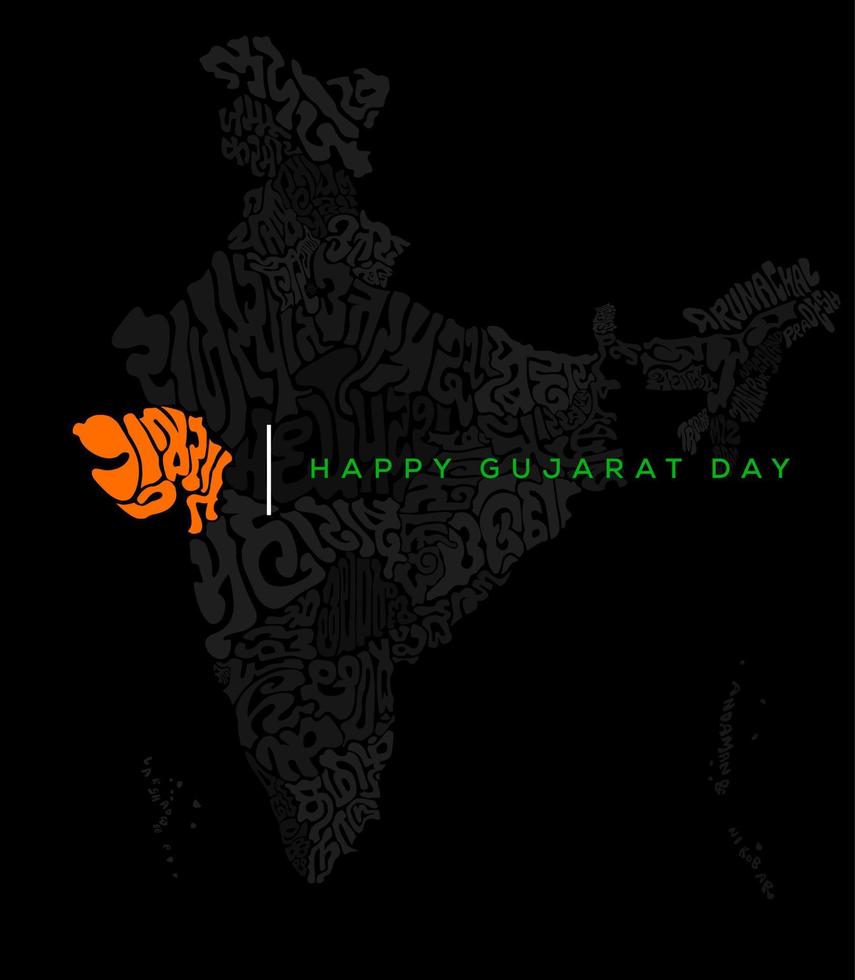 Gujarat map lettering in Gujarati with india map all states name typography in theirs languages. happy Gujarat Day. vector