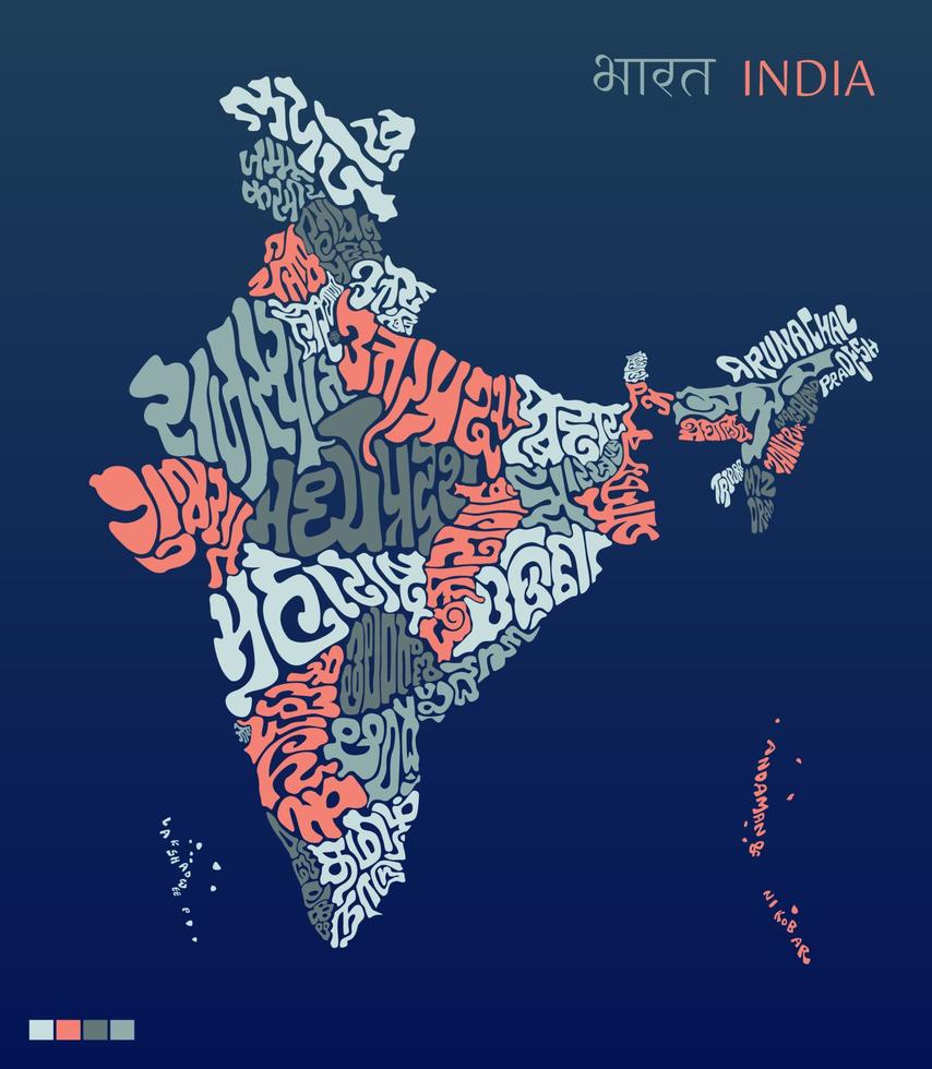 India mapa letras con todas indio estado nombre en suyo estado idiomas India mapa tipografía. vector