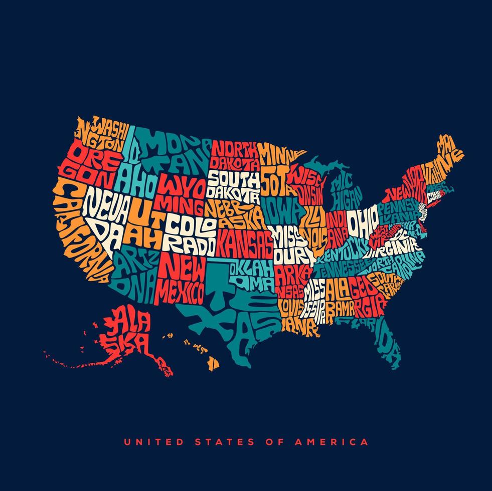 Estados Unidos mapa tipografía. unido estados de America mapa tipografía Arte. Estados Unidos mapa letras con todas estados nombre. vector