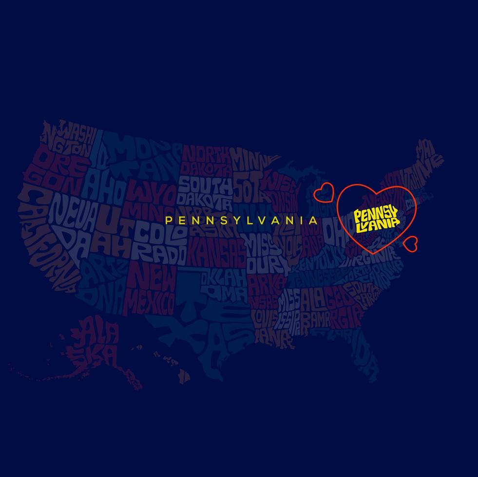 Pennsylvania Map lettering with red heart. US states names map typography. vector