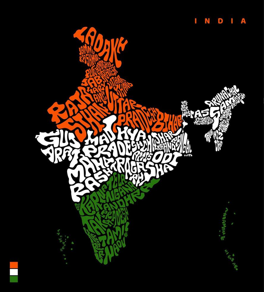 India mapa con todas indio estado tipografía vector