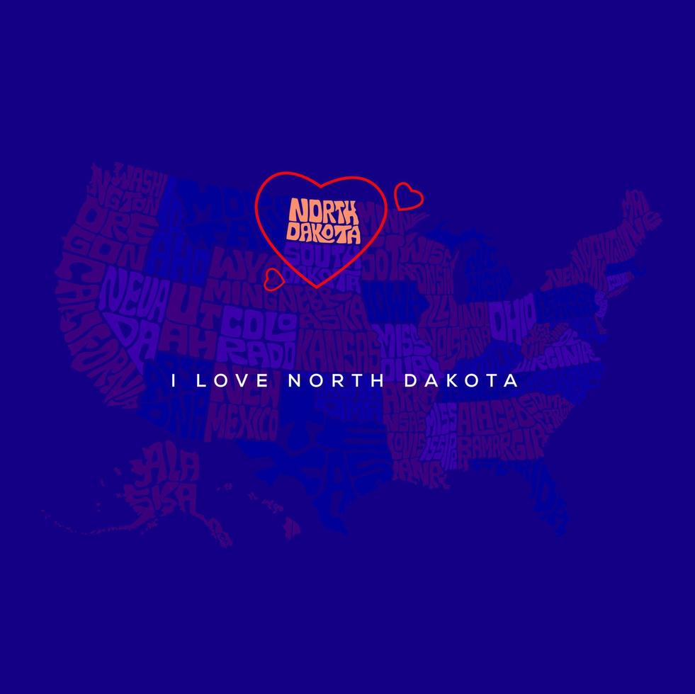 North Dakota state map lettering. USA map with app state name in background. I love North Dakota. vector