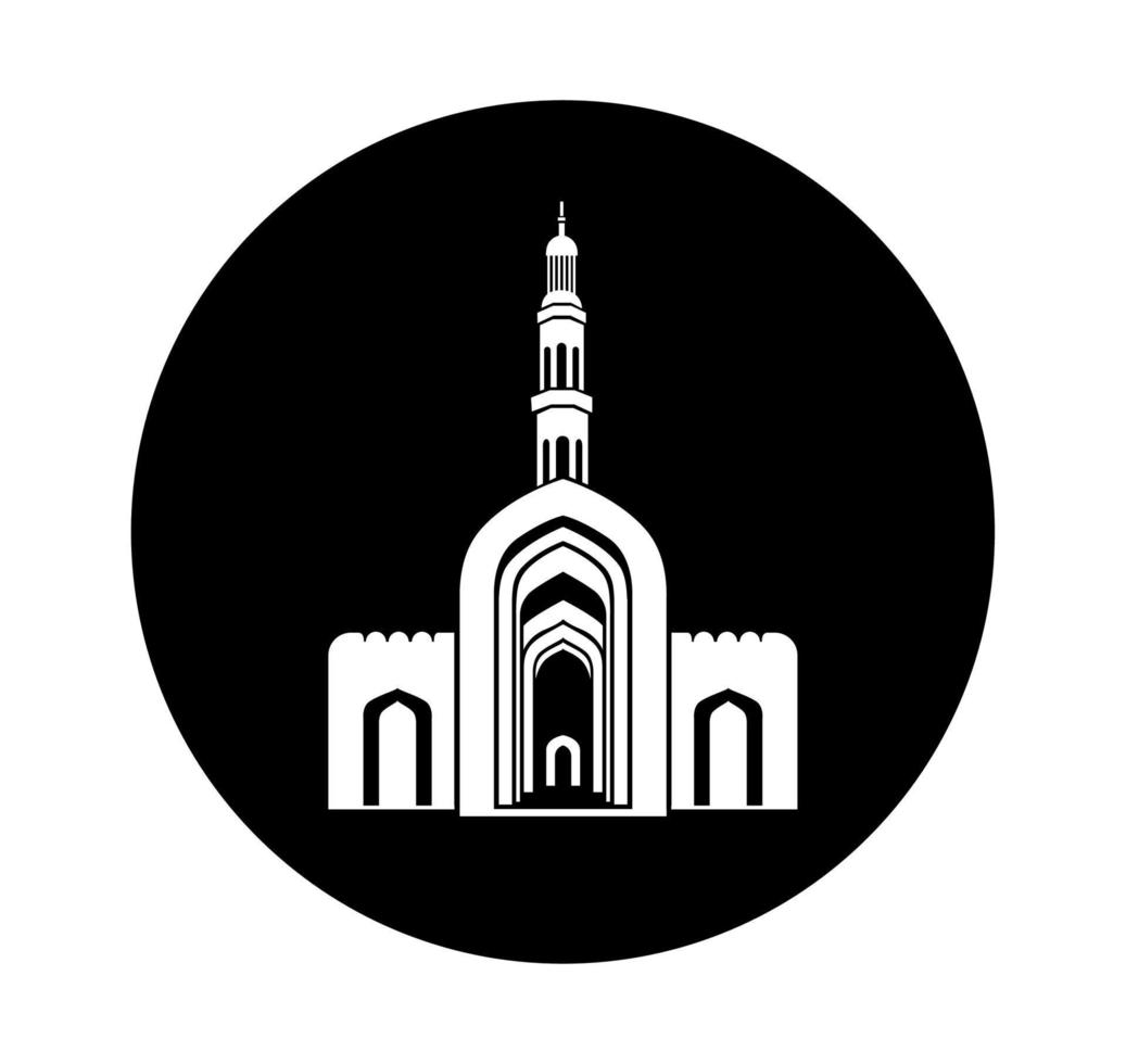 sultán qaboos grandioso mezquita vector icono. sultán qaboos grandioso mezquita vector ilustración, sultán qaboos grandioso mezquita frente portón en negro y blanco color.