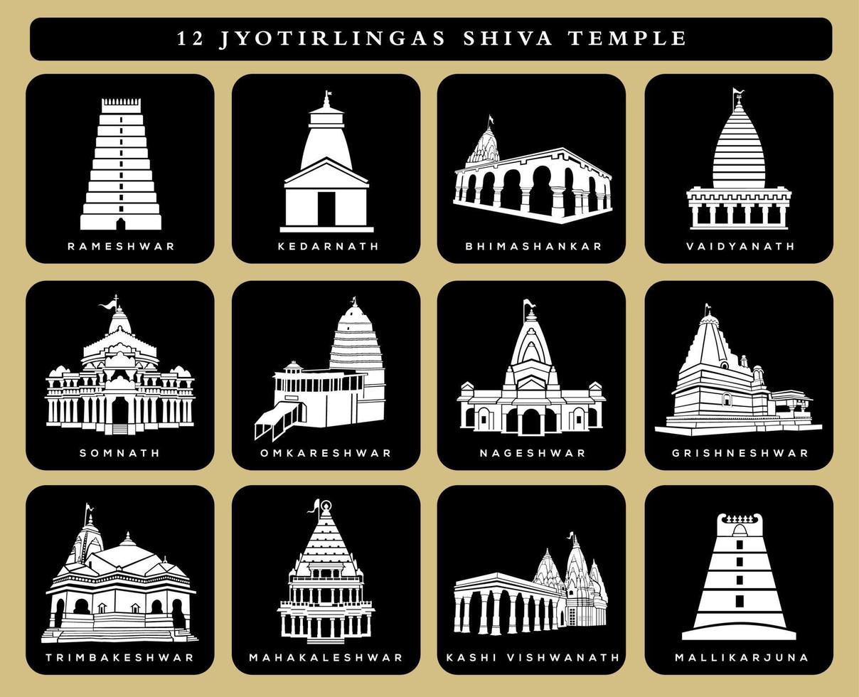 12 señor shiva templos vector icono. 12 jyotirlingas templo. shiva templos icono ilustración. negro y blanco navaja mandir.