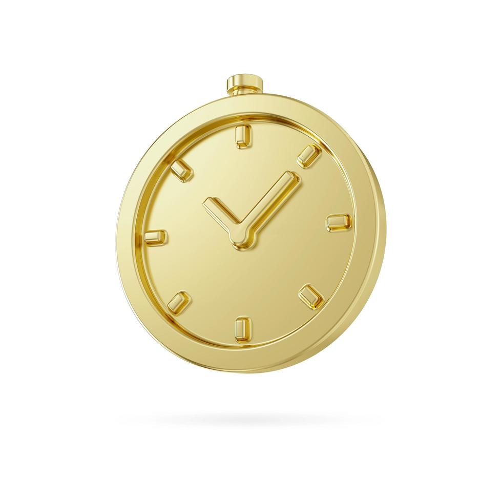 Gold metal alarm clock icon. Golden watch minimal design concept of time. 3d gold clock isolated on white background. 3d alarm for watch hour and minuter photo