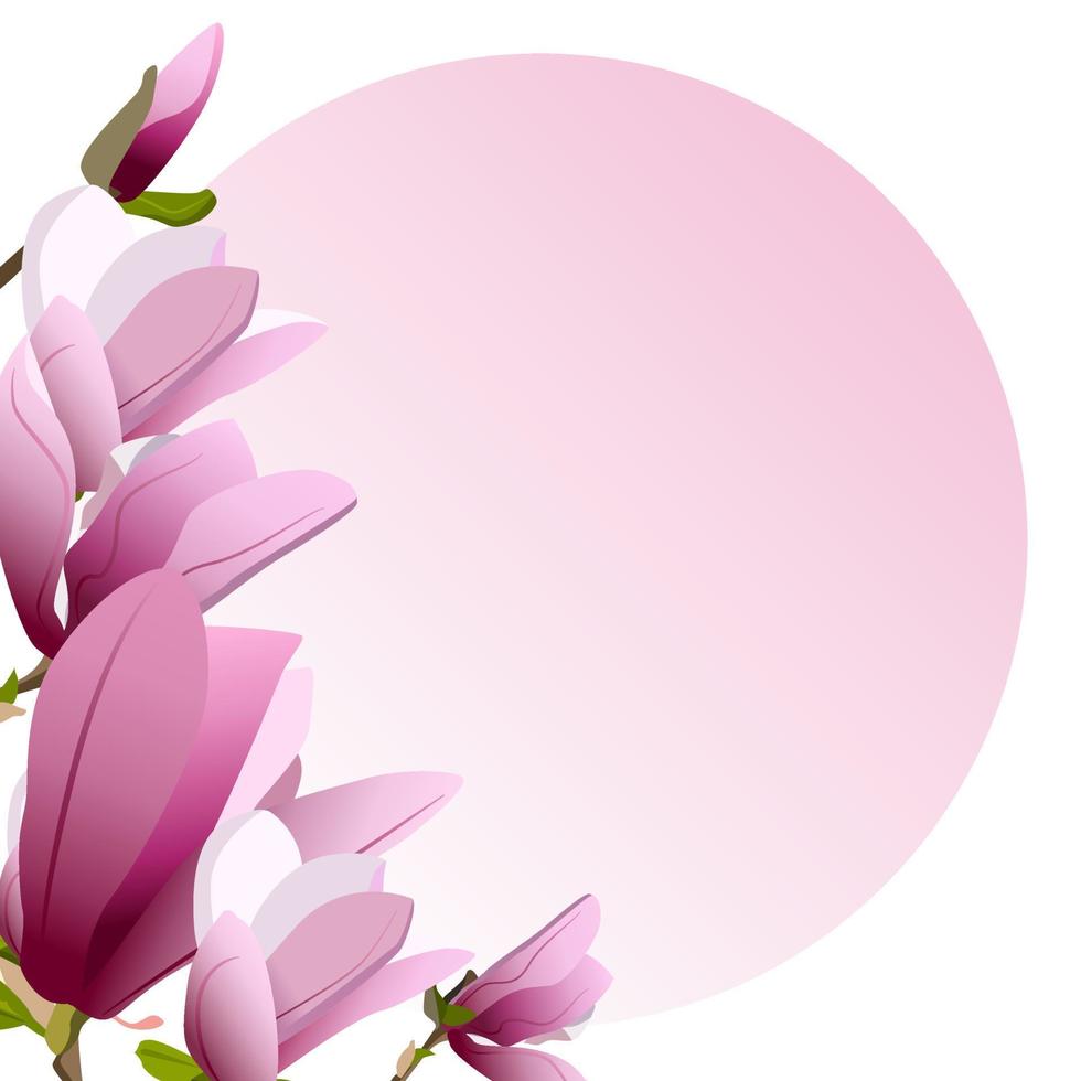 Vector template of greeting card with blooming purple magnolia flowers on gradient background