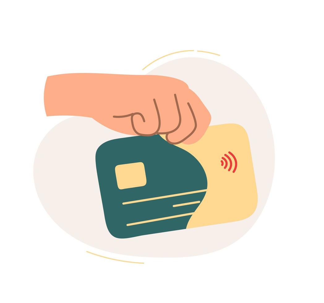 The hand holds a bank card. The concept of a business idea, startup, organization, brainstorming. Vector illustration isolated on a white background