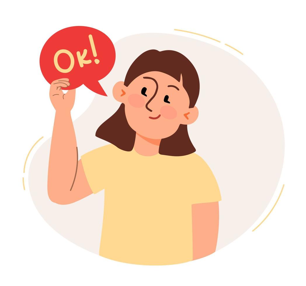 A woman holds a speech cloud with the inscription Ok. The concept of a business idea, startup, organization, brainstorming. Vector illustration isolated on a white background