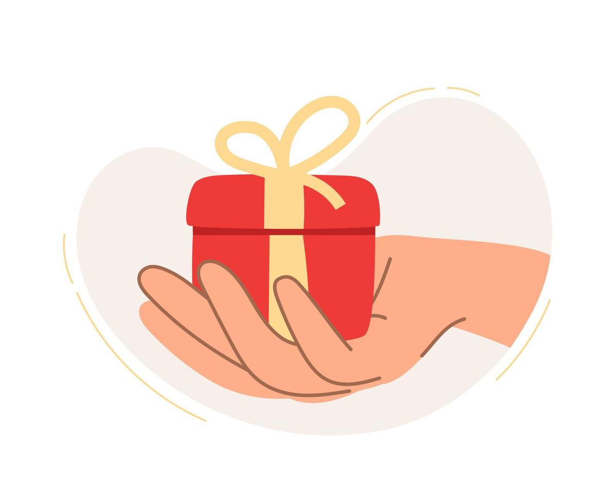 A hand holds a gift box. The concept of a business idea, startup, organization, brainstorming. Vector illustration isolated on a white background