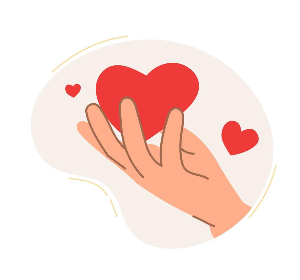 The hand holds a red heart. The concept of a business idea, startup, organization, brainstorming. Vector illustration isolated on a white background