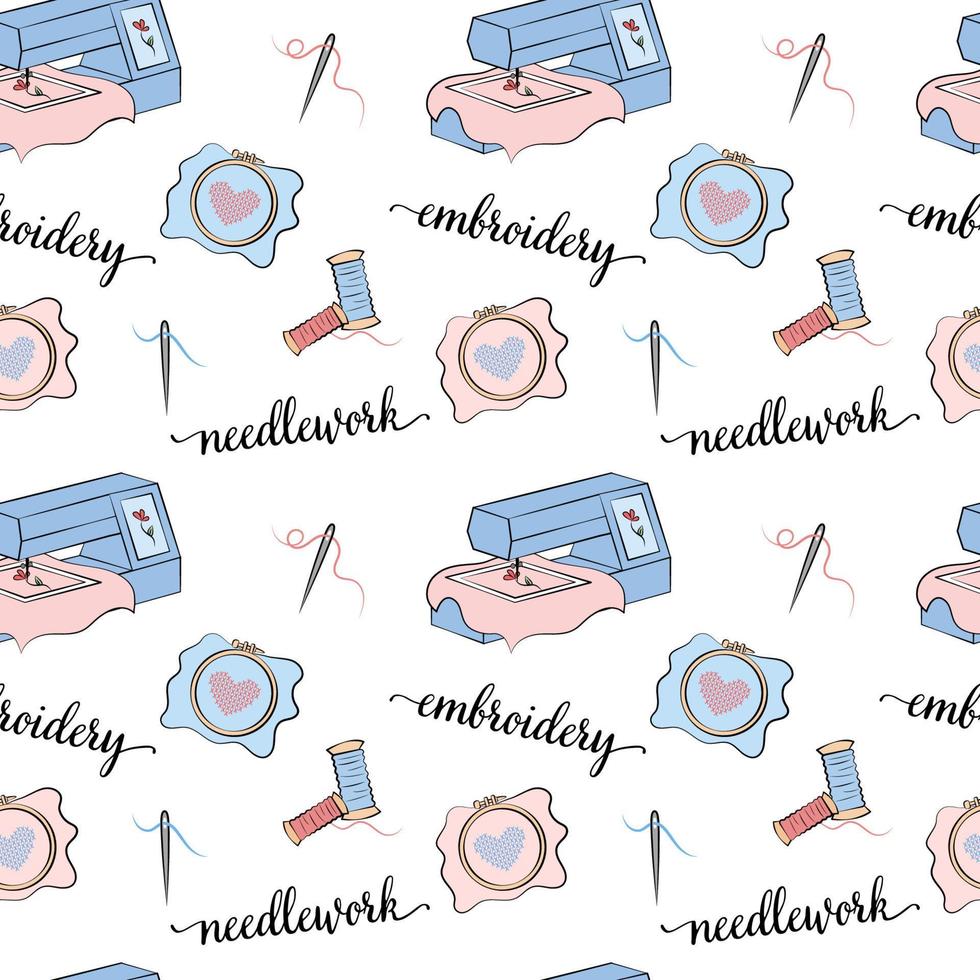 Embroidery pattern. Vector seamless background. Needlework illustrated elements. Various sewing tools on white background. Embroidey equipment, appliances, frame, threads, machine