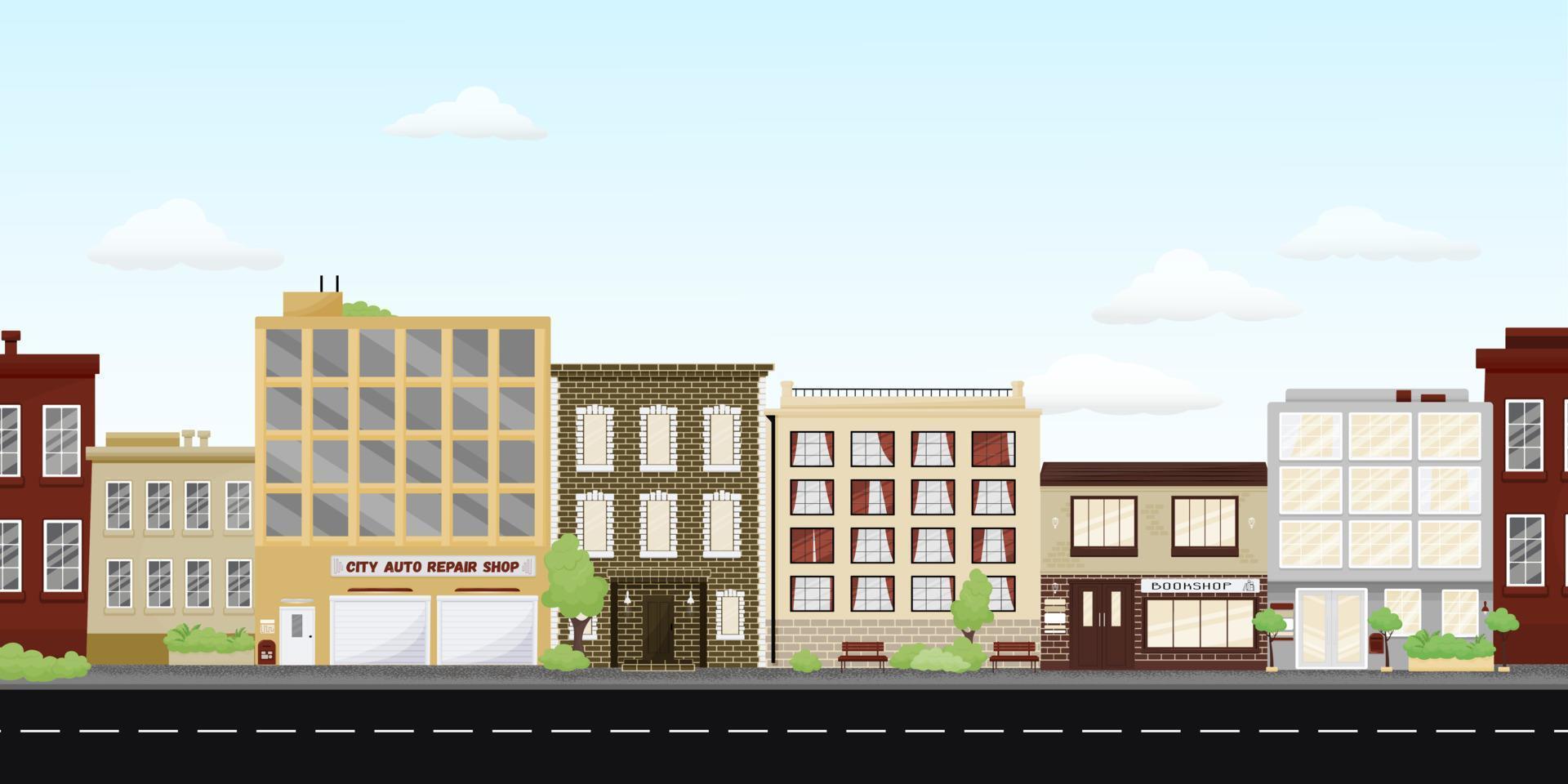 A city street with shops and a road vector
