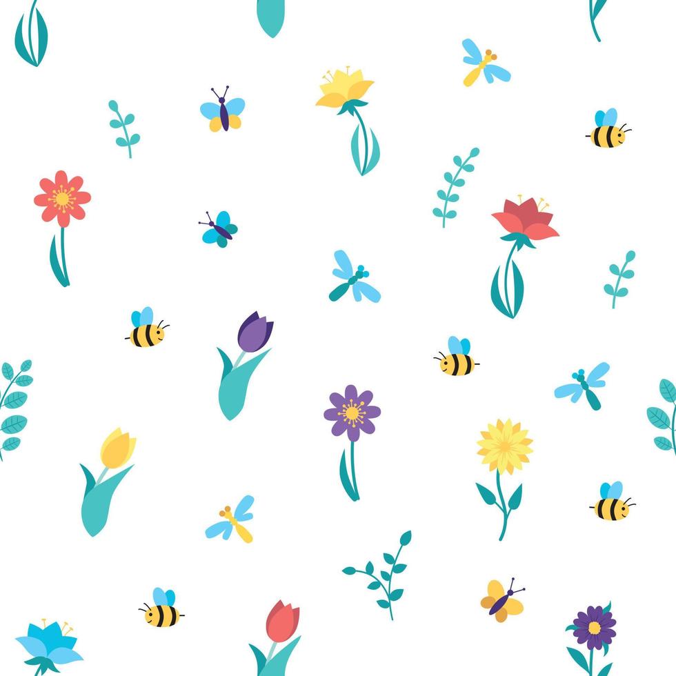 Pattern with spring flowers, butterflies, bees and dragonflies. vector