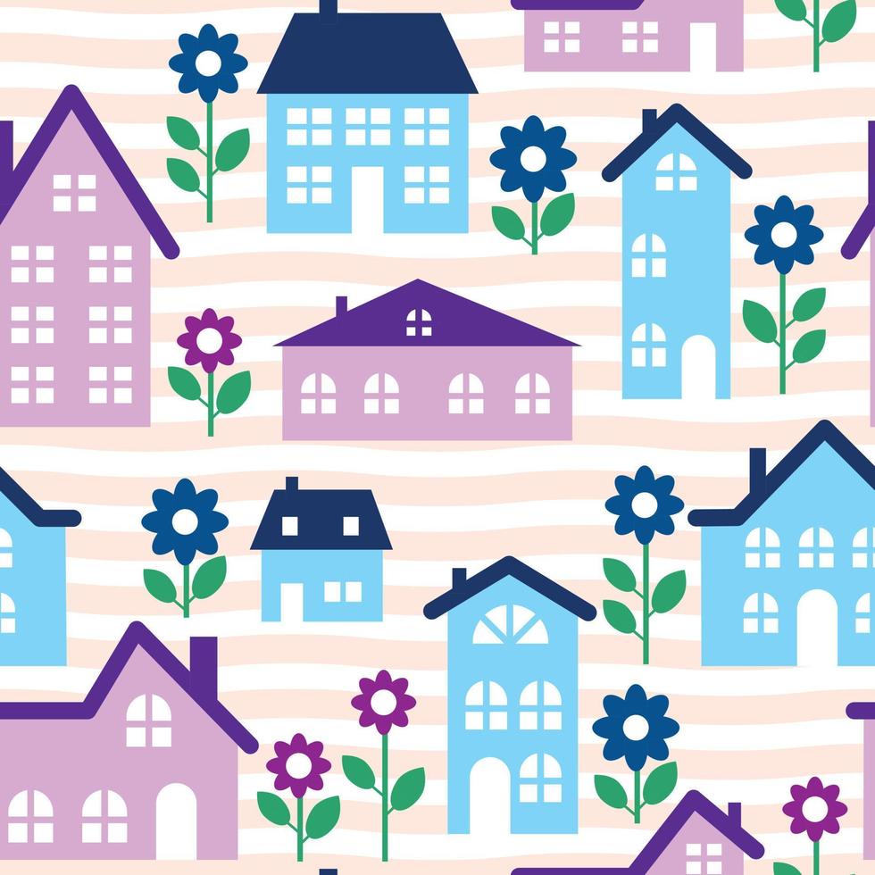 Pattern with cute houses and flowers on a striped background. vector