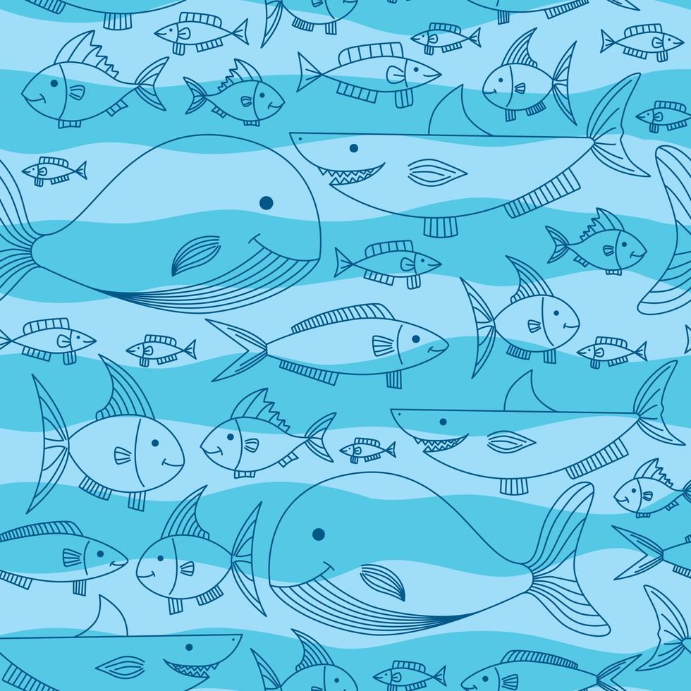 Seamless pattern with fish, shark and whale on a striped blue background. vector