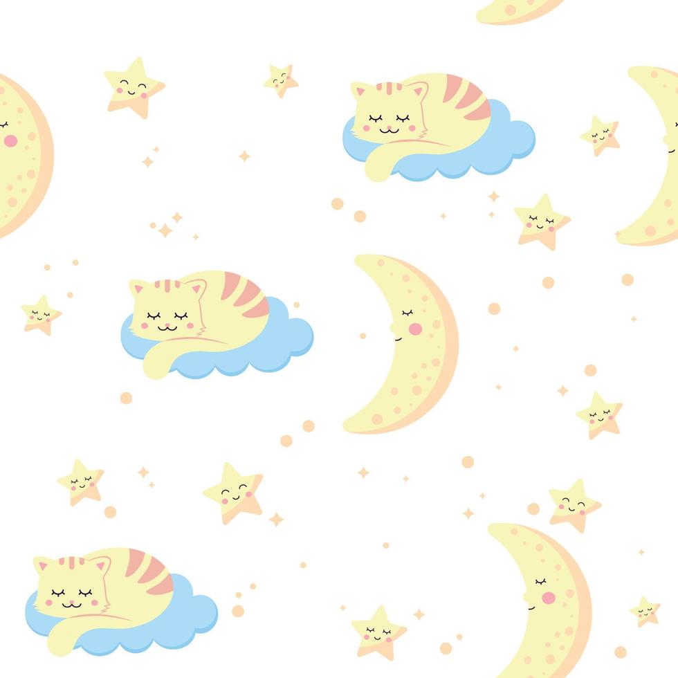 Pattern with a cat on a cloud, the moon and stars on a light background. vector