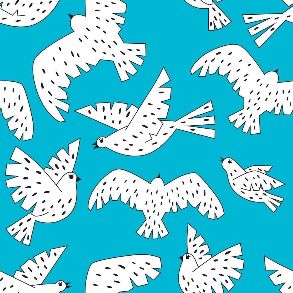 Seamless pattern with white birds on a blue background vector