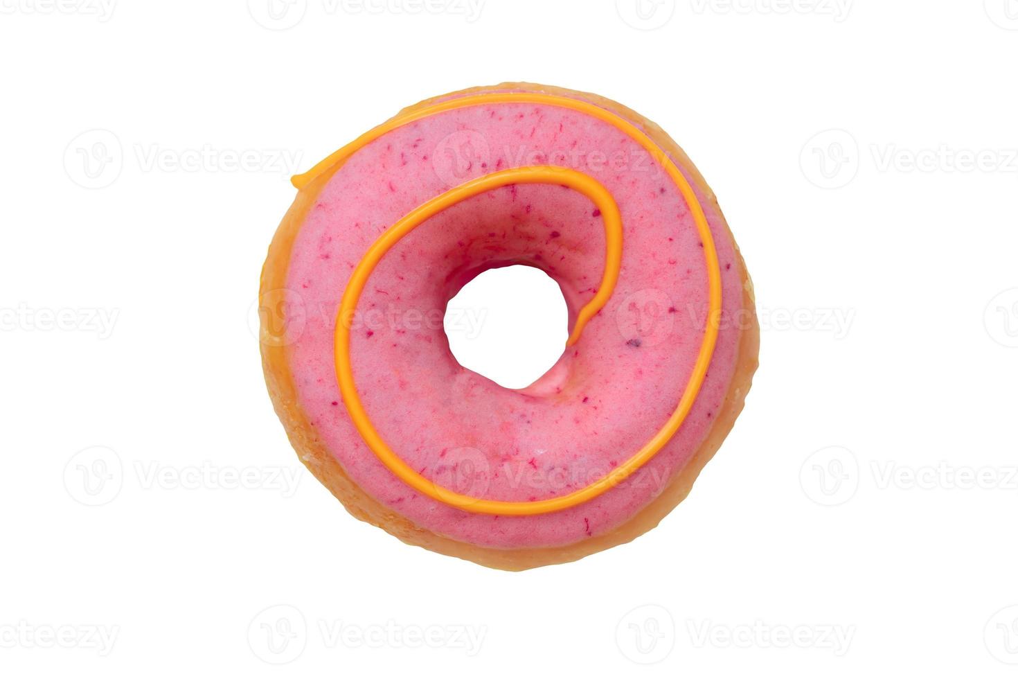 Donut with strawberry pink glaze isolated on white background. Top view. Unhealthy food photo