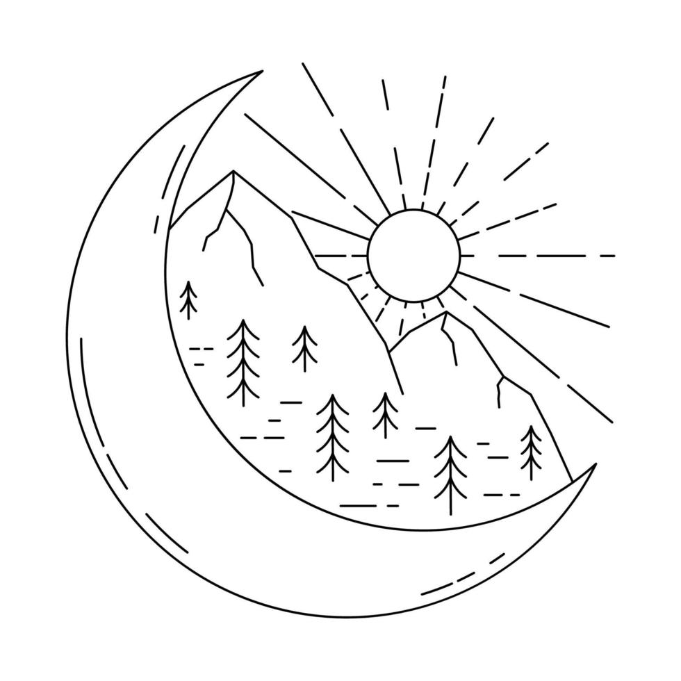 Mountain with moon and sun monoline or line art. Vector illustration