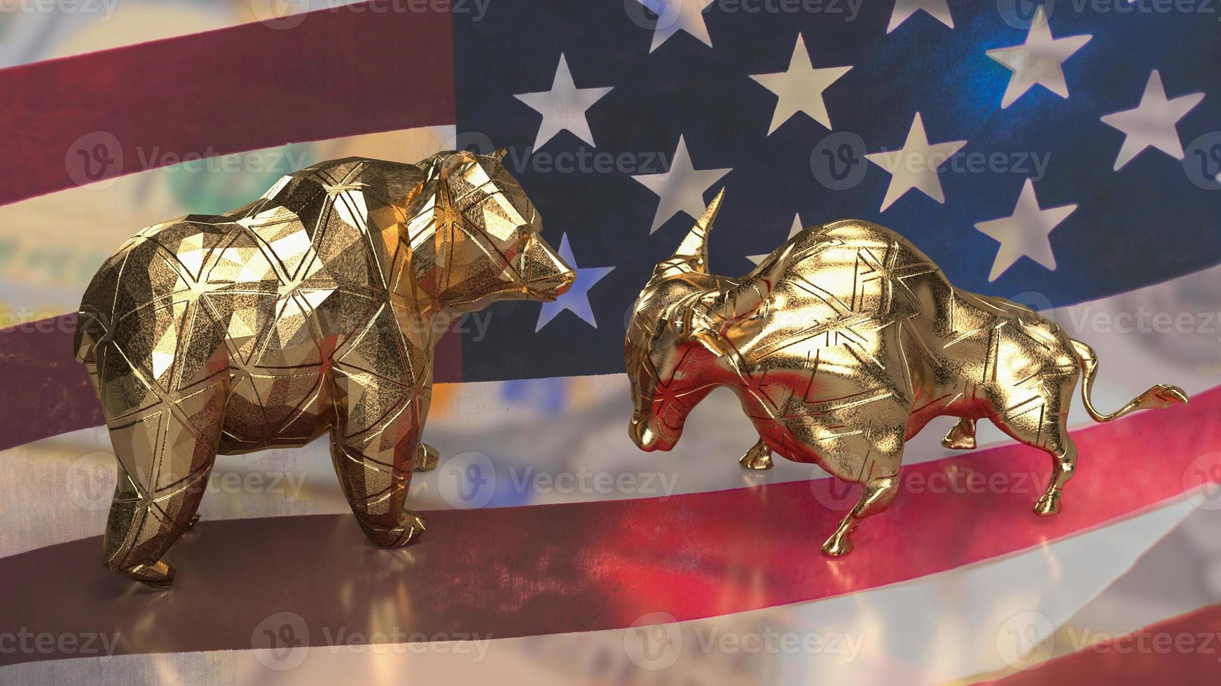 el oso toro de oro en la bandera de estados unidos para el concepto de negocio 3d renderizado foto