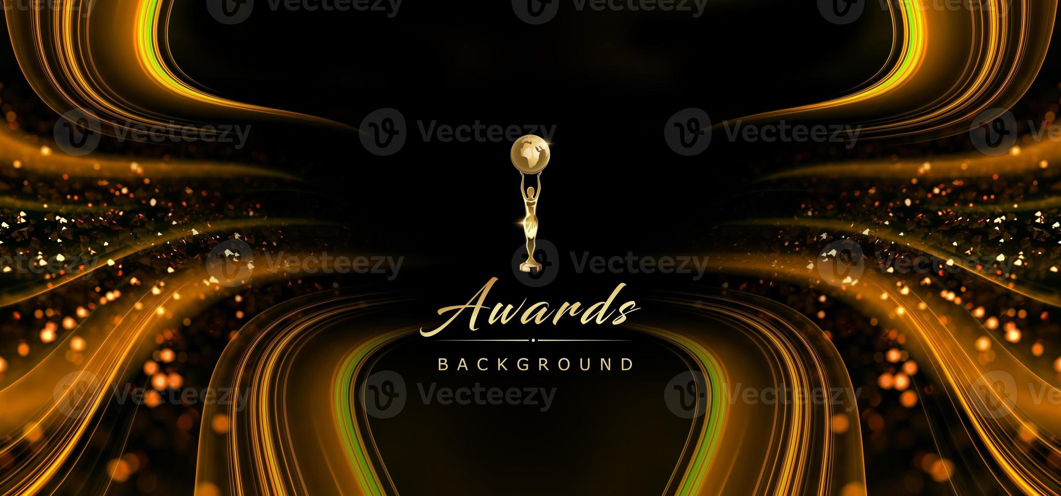 Golden Black Swoosh Flowing Award Background. Traditional Style Sparkle Glowing Effect. Jubilee Night Decorative Invitation. Golden Bokeh Particles. Golden Glitter Shining Trophy. photo