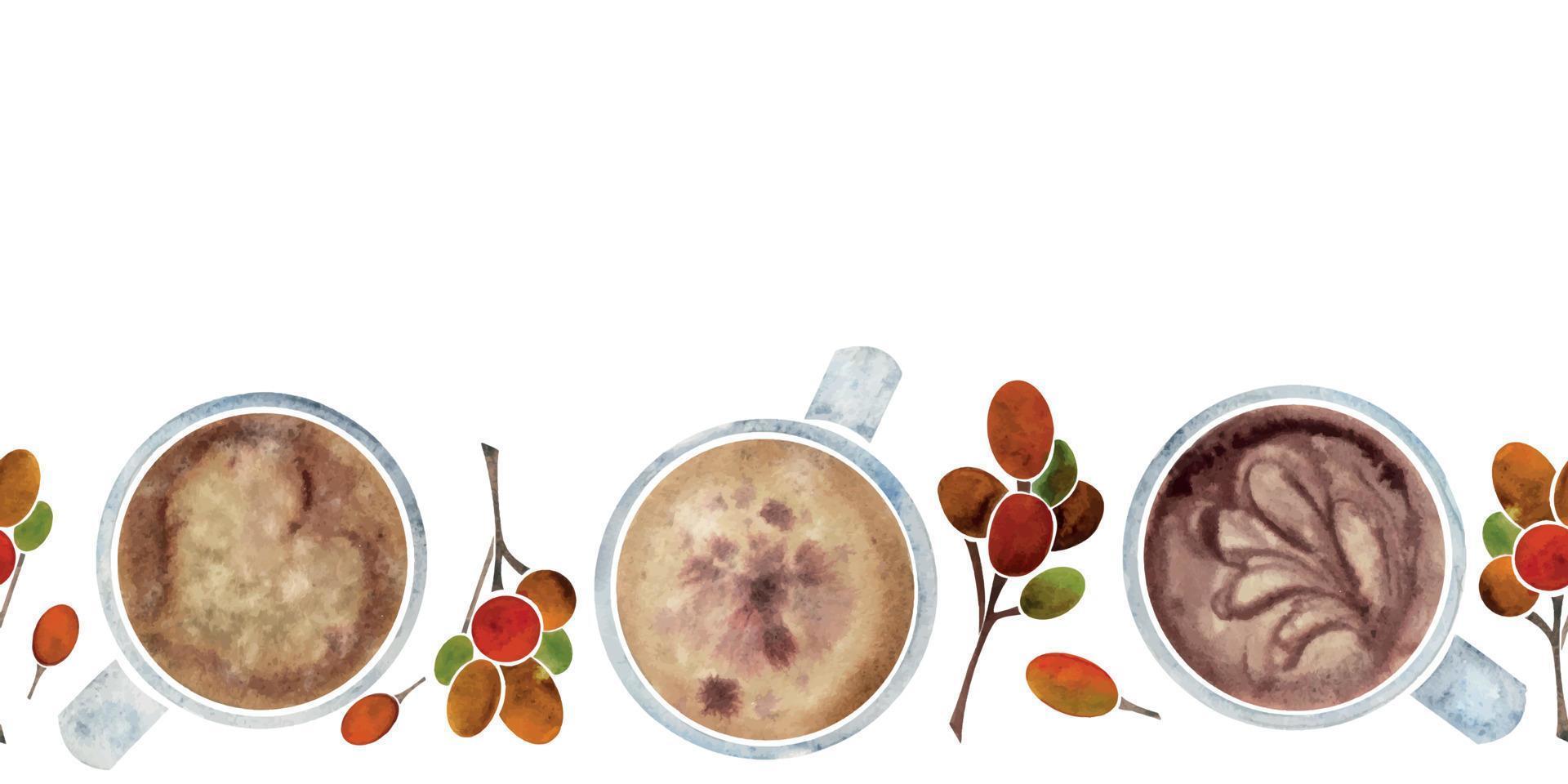 Watercolor hand drawn horizontal seamless banner with capuccino coffee cups, raw beans, top view. Isolated on white background. For invitations, cafe, restaurant food menu, print, website, cards vector